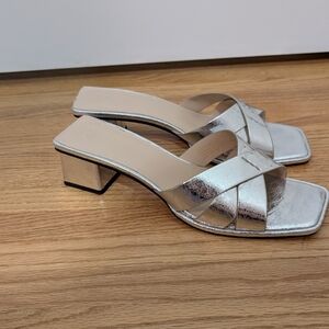 H&M Silver Foil Square Toe Sandals 2 Inch Heel